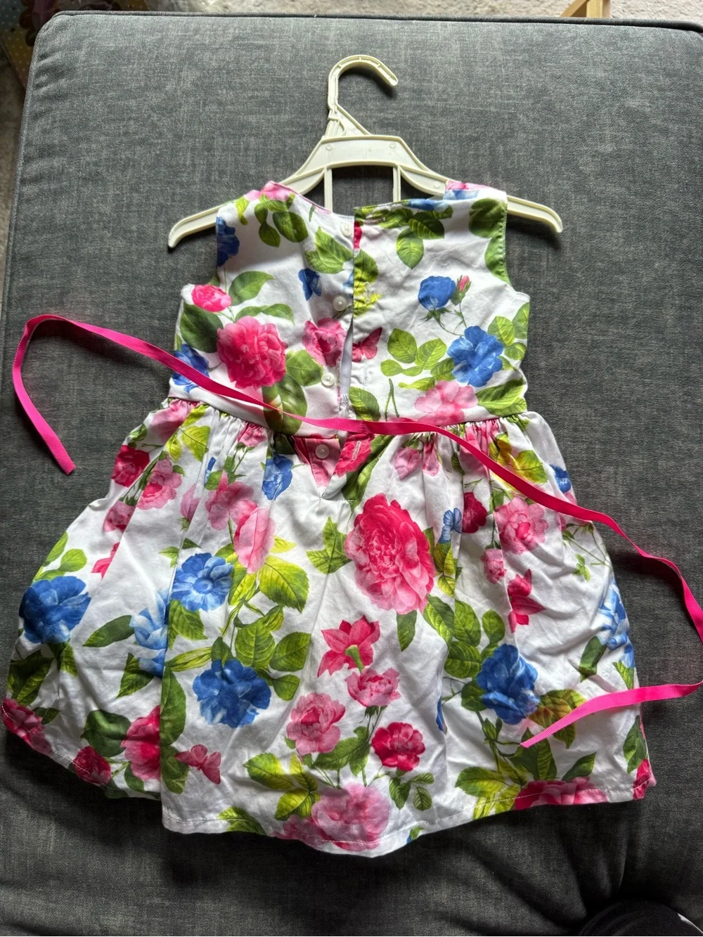Carter's White Floral Sundress with Pink Ribbon and Blue Accents